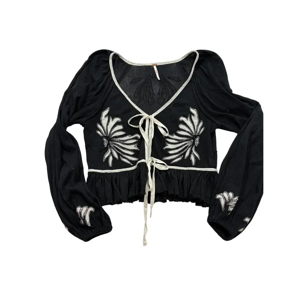 Free People Black Embroidered Tie Front Peplum Crop Top Small Boho Puff Sleeve